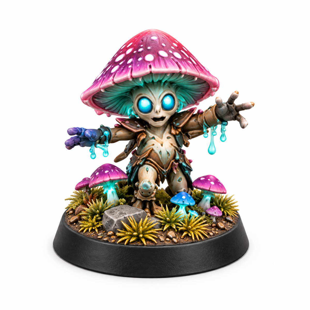 Second mushroom sproutling miniature reaching forward from a mossy base.