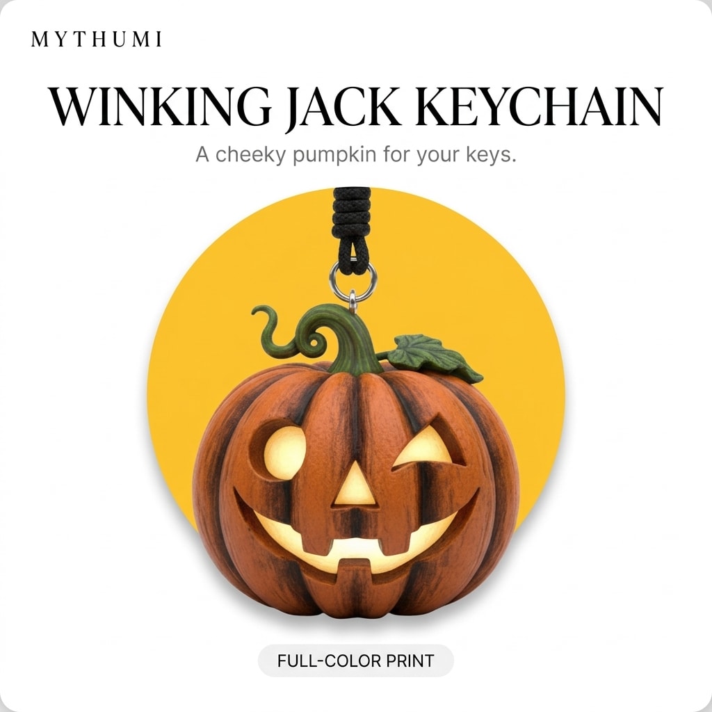 Illustration: the winking jack pumpkin keychain hanging from its cord in front of a yellow circle