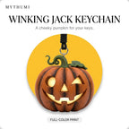 Illustration: the winking jack pumpkin keychain hanging from its cord in front of a yellow circle