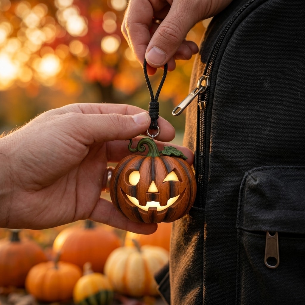 Illustration: a hand holding the winking jack pumpkin keychain clipped to a backpack zipper