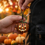 Illustration: a hand holding the winking jack pumpkin keychain clipped to a backpack zipper