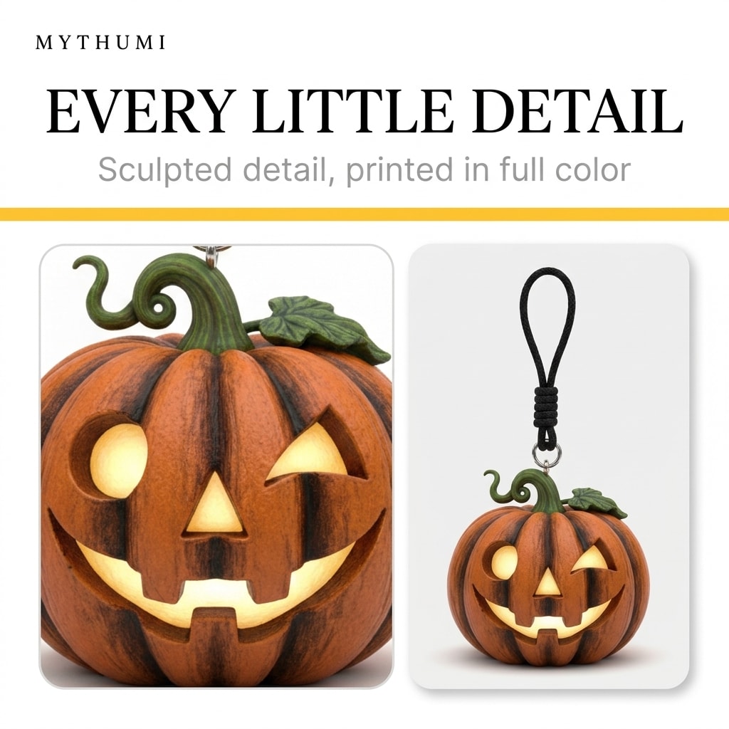 Illustration: close-up of the winking jack pumpkin keychain showing its sculpted detail