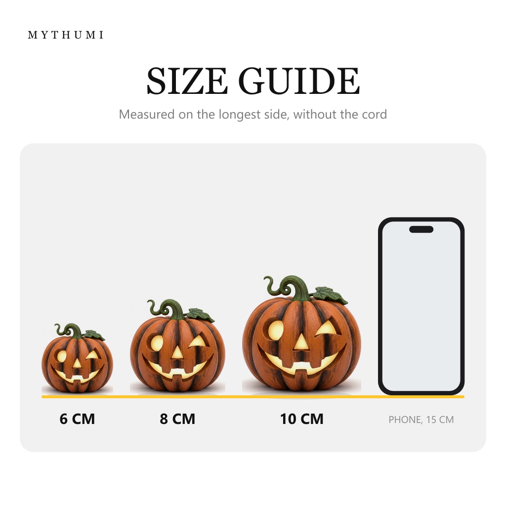 Illustration: size guide showing the winking jack pumpkin keychain at 6, 8 and 10 cm next to a phone