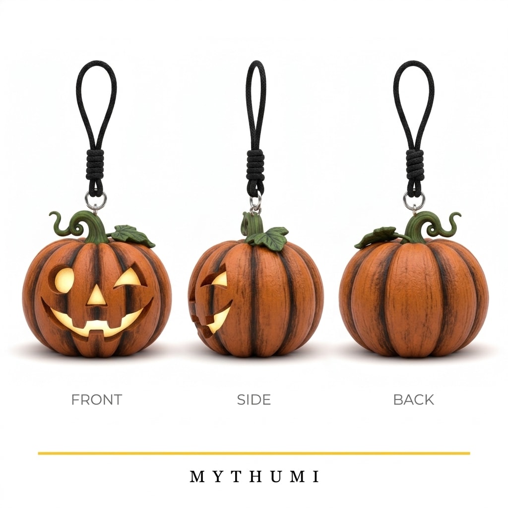 Illustration: front, side and back views of the winking jack pumpkin keychain