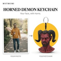 Illustration: before-and-after poster of a photo becoming a horned demon portrait keychain