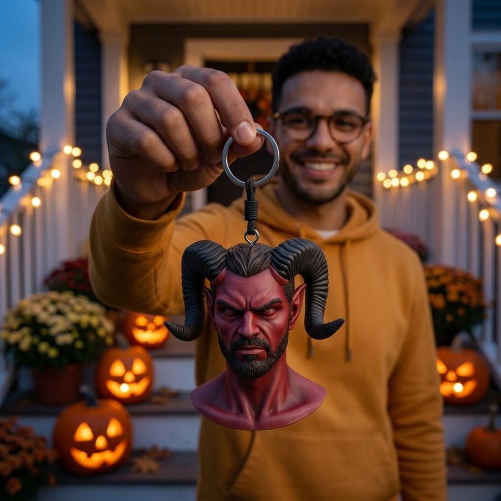 Illustration: a person holding up their horned demon portrait keychain by its cord