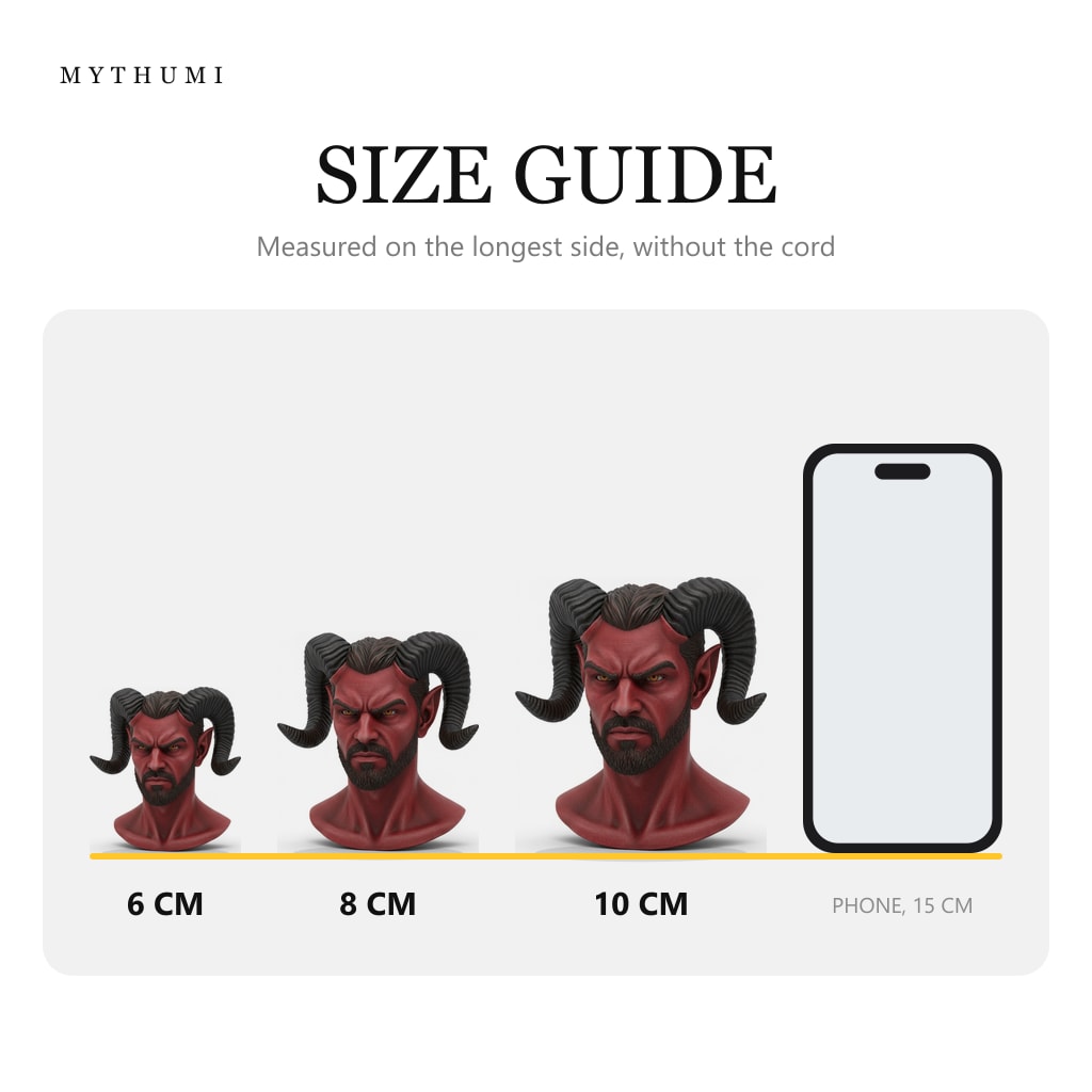 Illustration: size guide showing the horned demon portrait keychain at 6, 8 and 10 cm next to a phone
