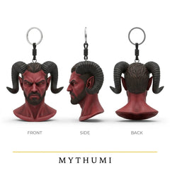 Illustration: front, side and back views of the horned demon portrait keychain