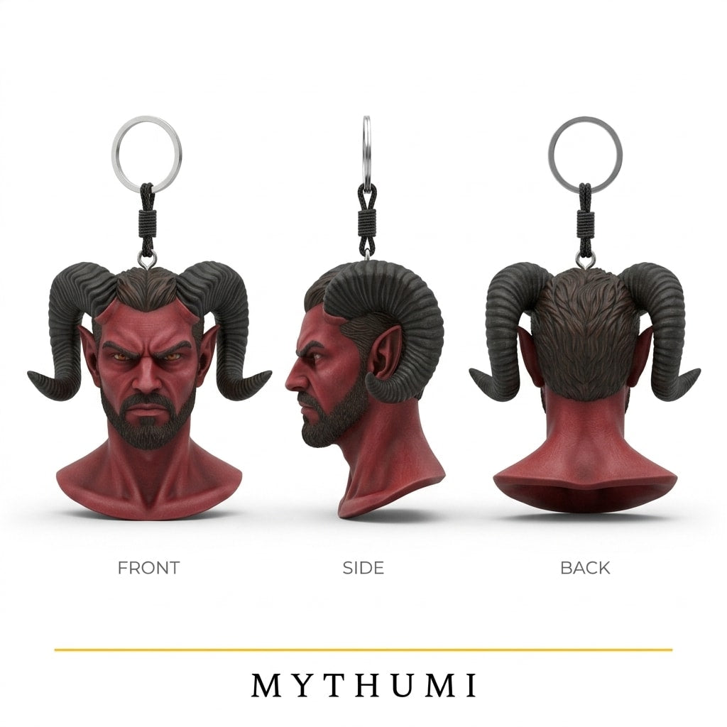 Illustration: front, side and back views of the horned demon portrait keychain