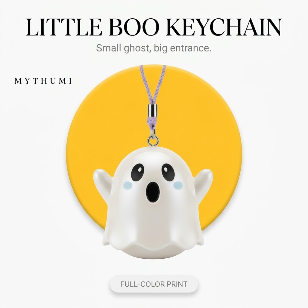 Illustration: the little boo ghost keychain hanging from its cord in front of a yellow circle