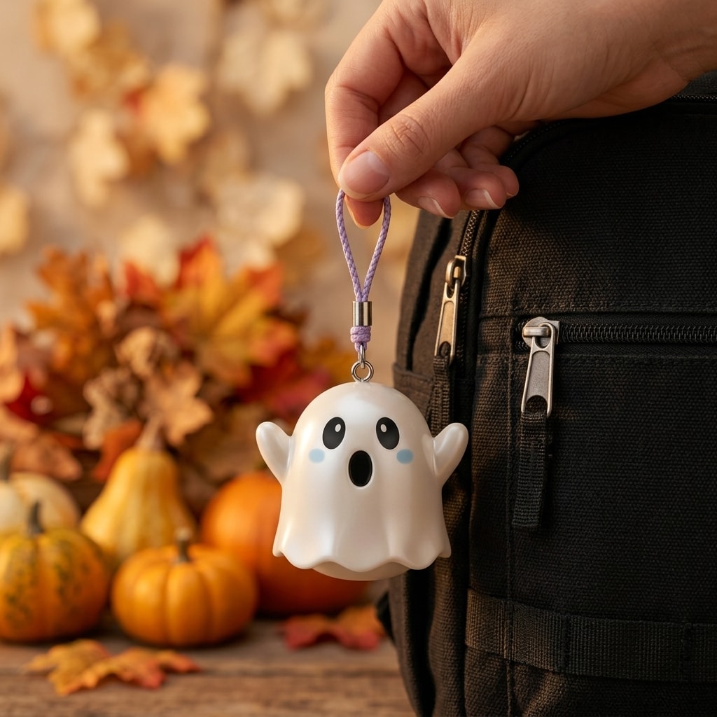Illustration: a hand holding the little boo ghost keychain clipped to a backpack zipper