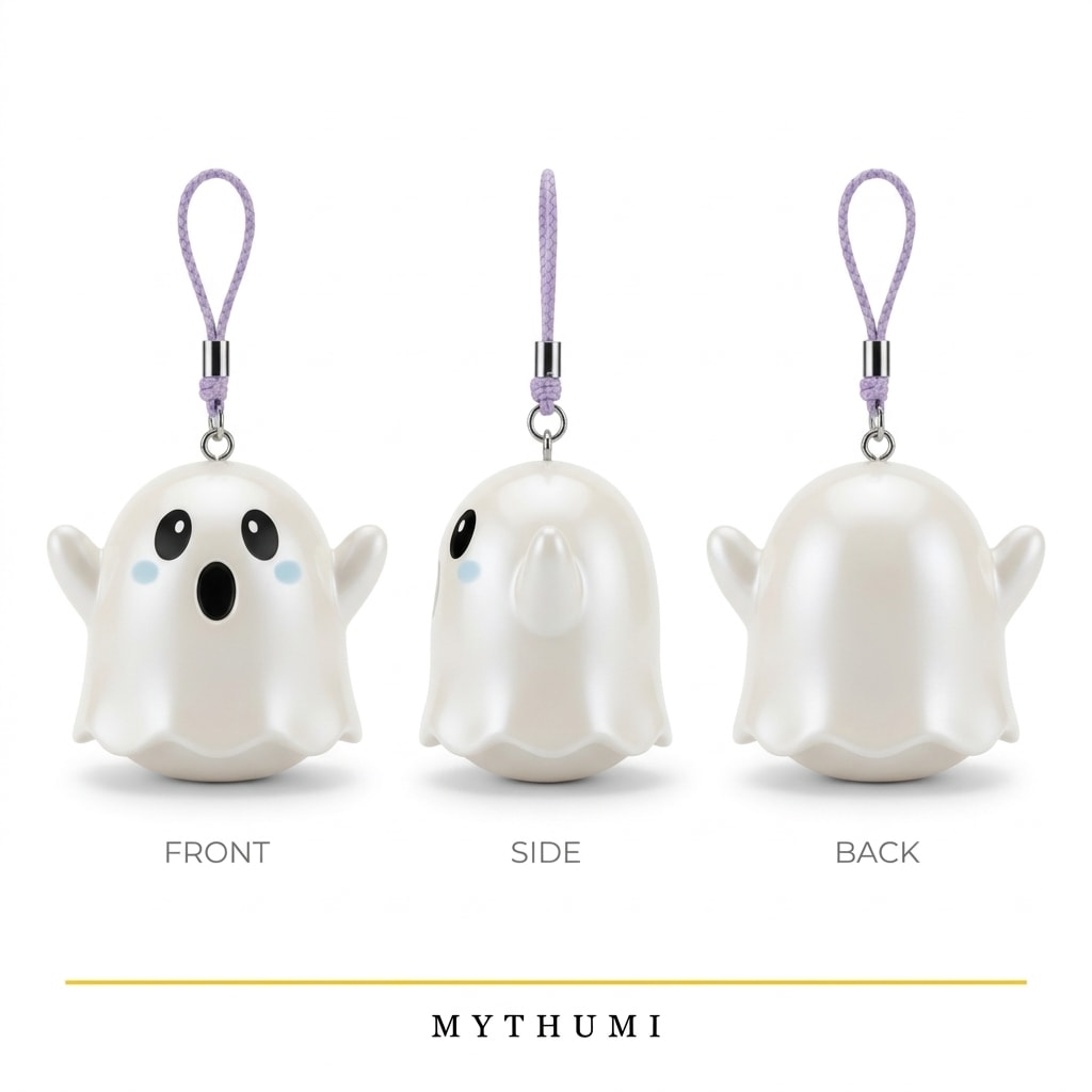 Illustration: front, side and back views of the little boo ghost keychain