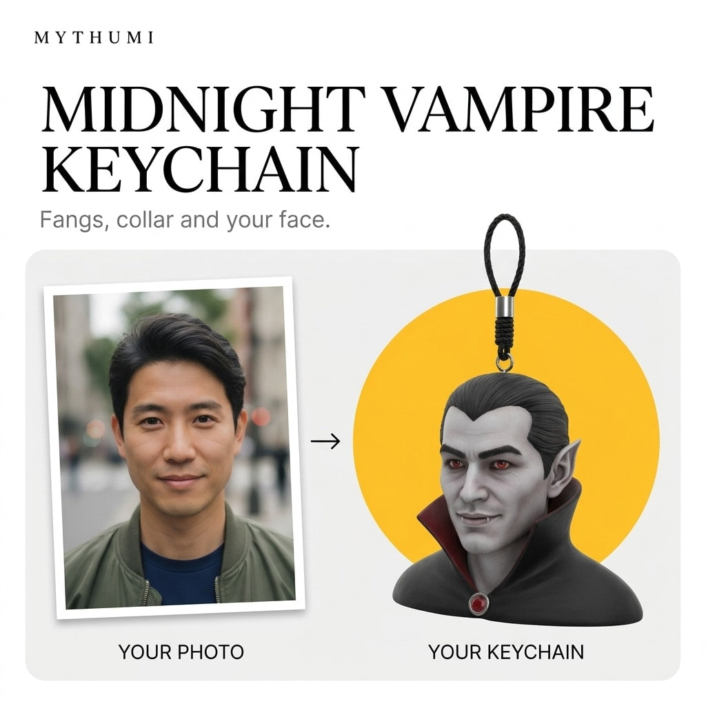 Illustration: before-and-after poster of a photo becoming a midnight vampire portrait keychain