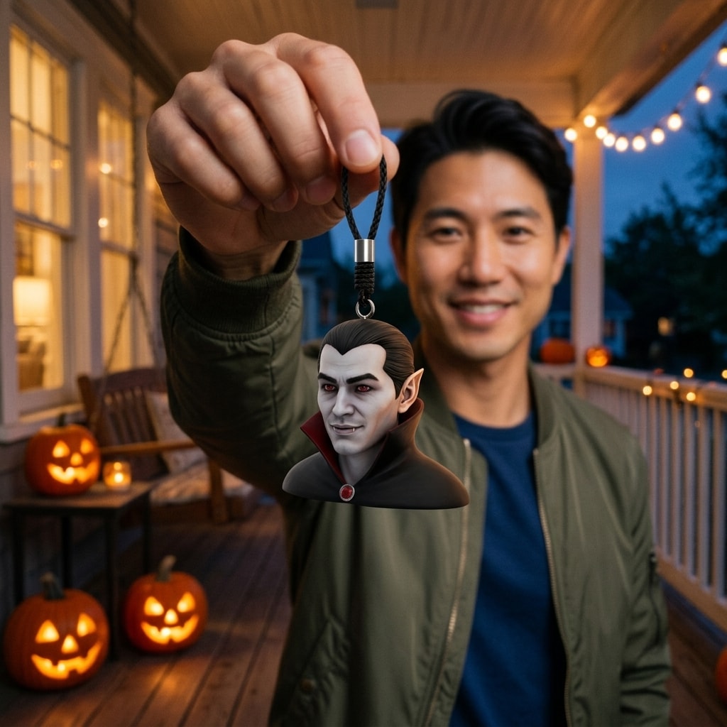 Illustration: a person holding up their midnight vampire portrait keychain by its cord