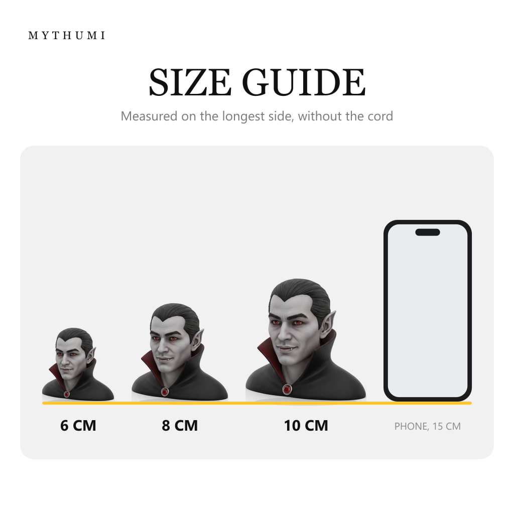Illustration: size guide showing the midnight vampire portrait keychain at 6, 8 and 10 cm next to a phone