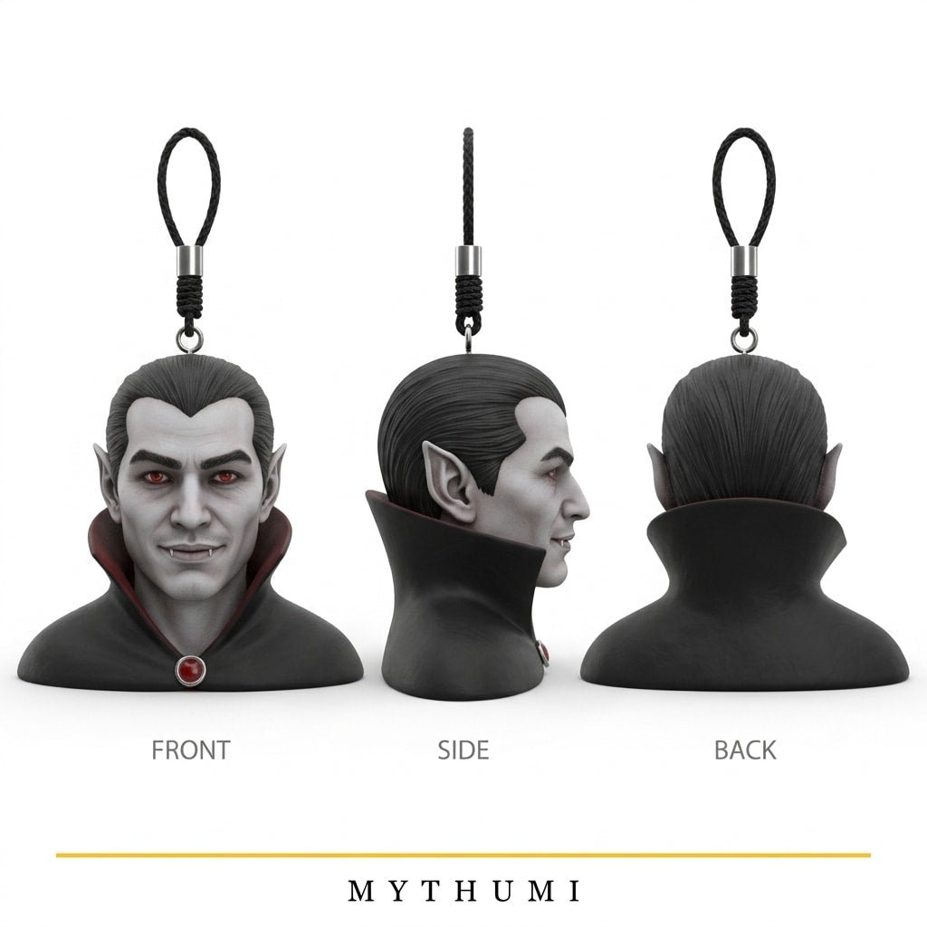 Illustration: front, side and back views of the midnight vampire portrait keychain
