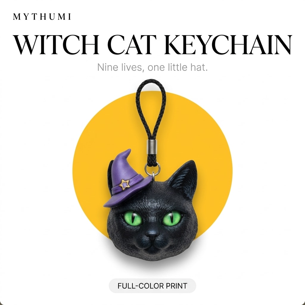 Illustration: the midnight witch cat keychain hanging from its cord in front of a yellow circle