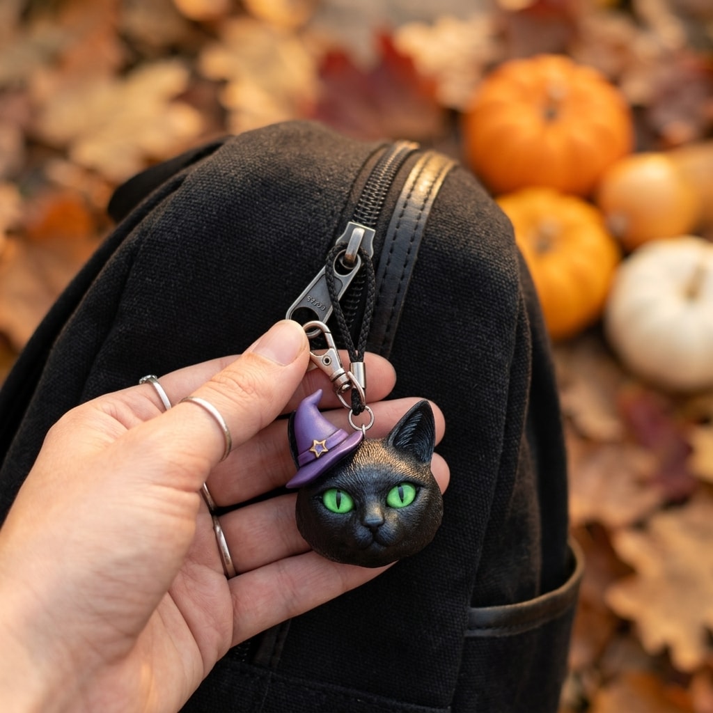 Illustration: a hand holding the midnight witch cat keychain clipped to a backpack zipper