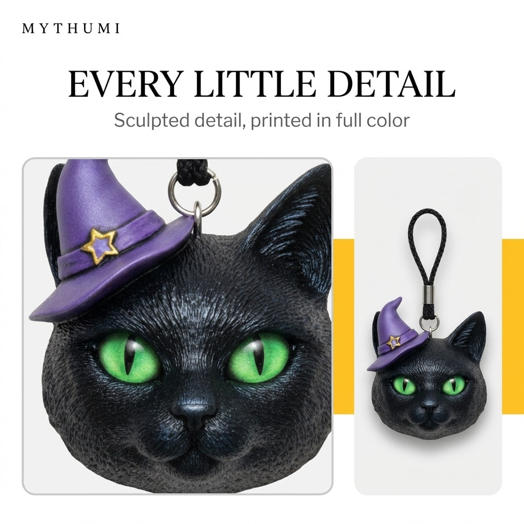 Illustration: close-up of the midnight witch cat keychain showing its sculpted detail
