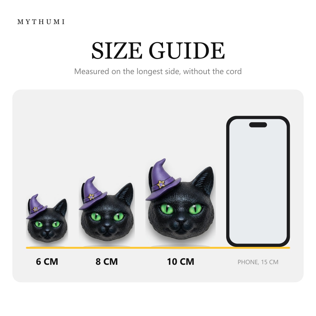 Illustration: size guide showing the midnight witch cat keychain at 6, 8 and 10 cm next to a phone