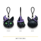 Illustration: front, side and back views of the midnight witch cat keychain