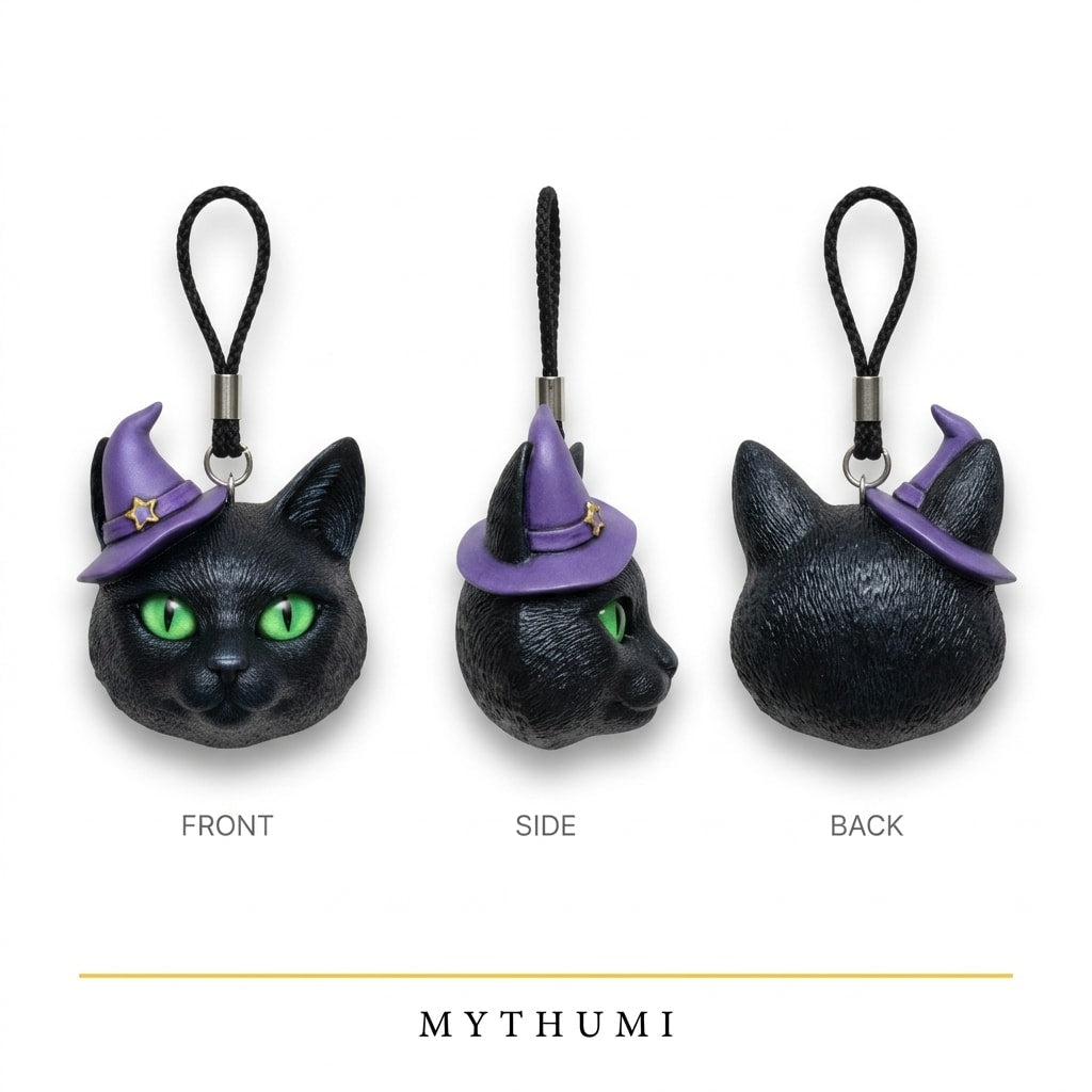 Illustration: front, side and back views of the midnight witch cat keychain