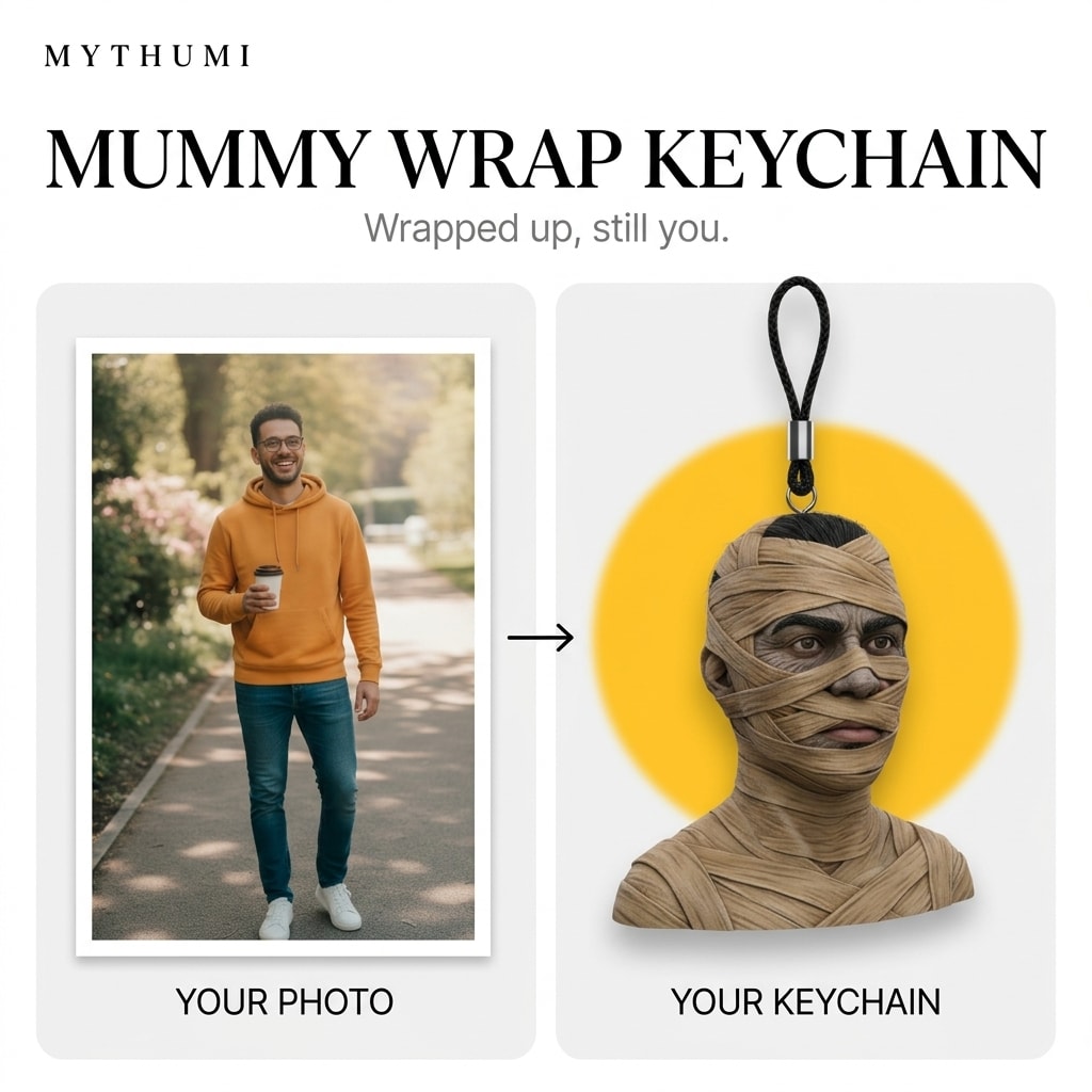Illustration: before-and-after poster of a photo becoming a mummy wrap portrait keychain