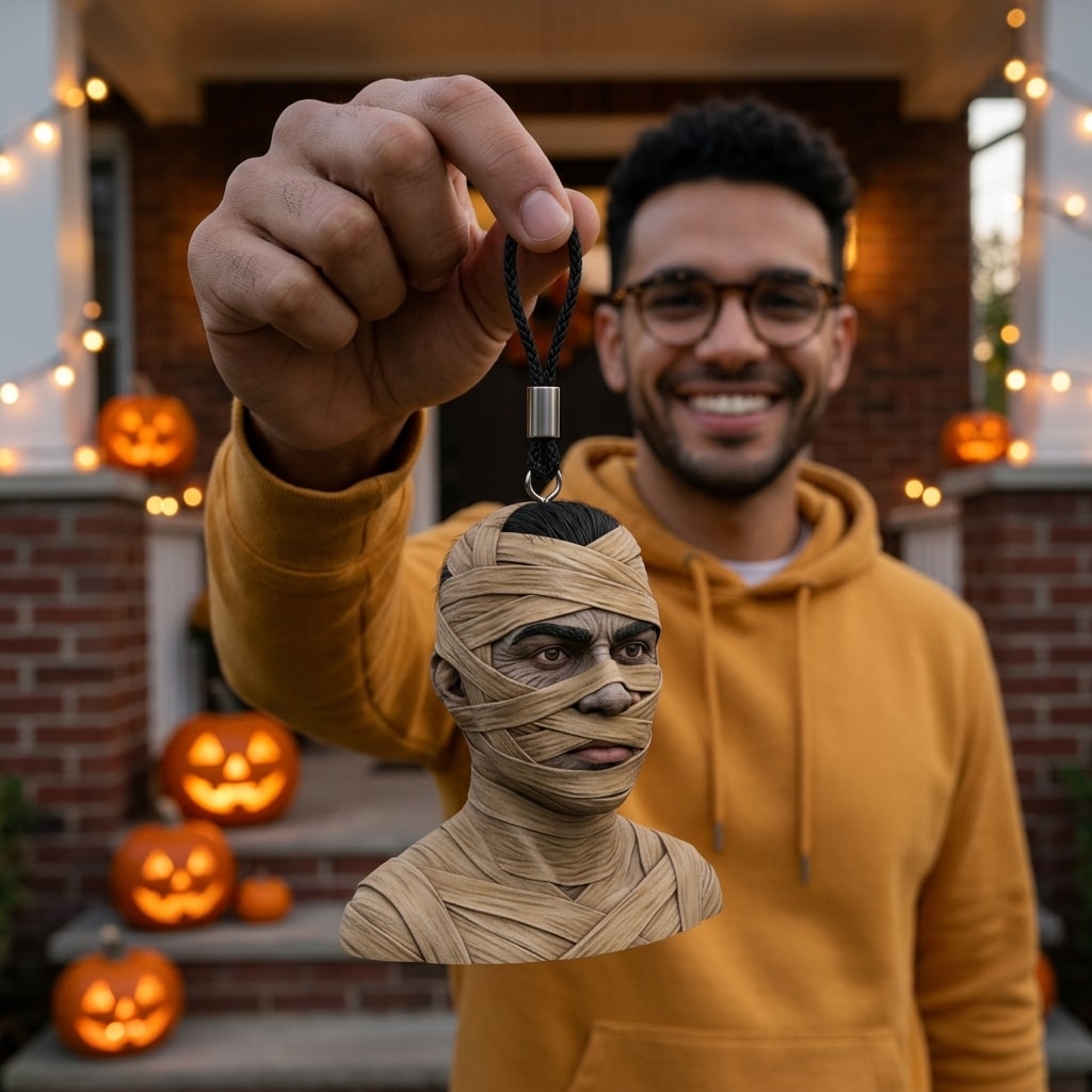 Illustration: a person holding up their mummy wrap portrait keychain by its cord