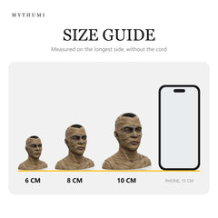 Illustration: size guide showing the mummy wrap portrait keychain at 6, 8 and 10 cm next to a phone