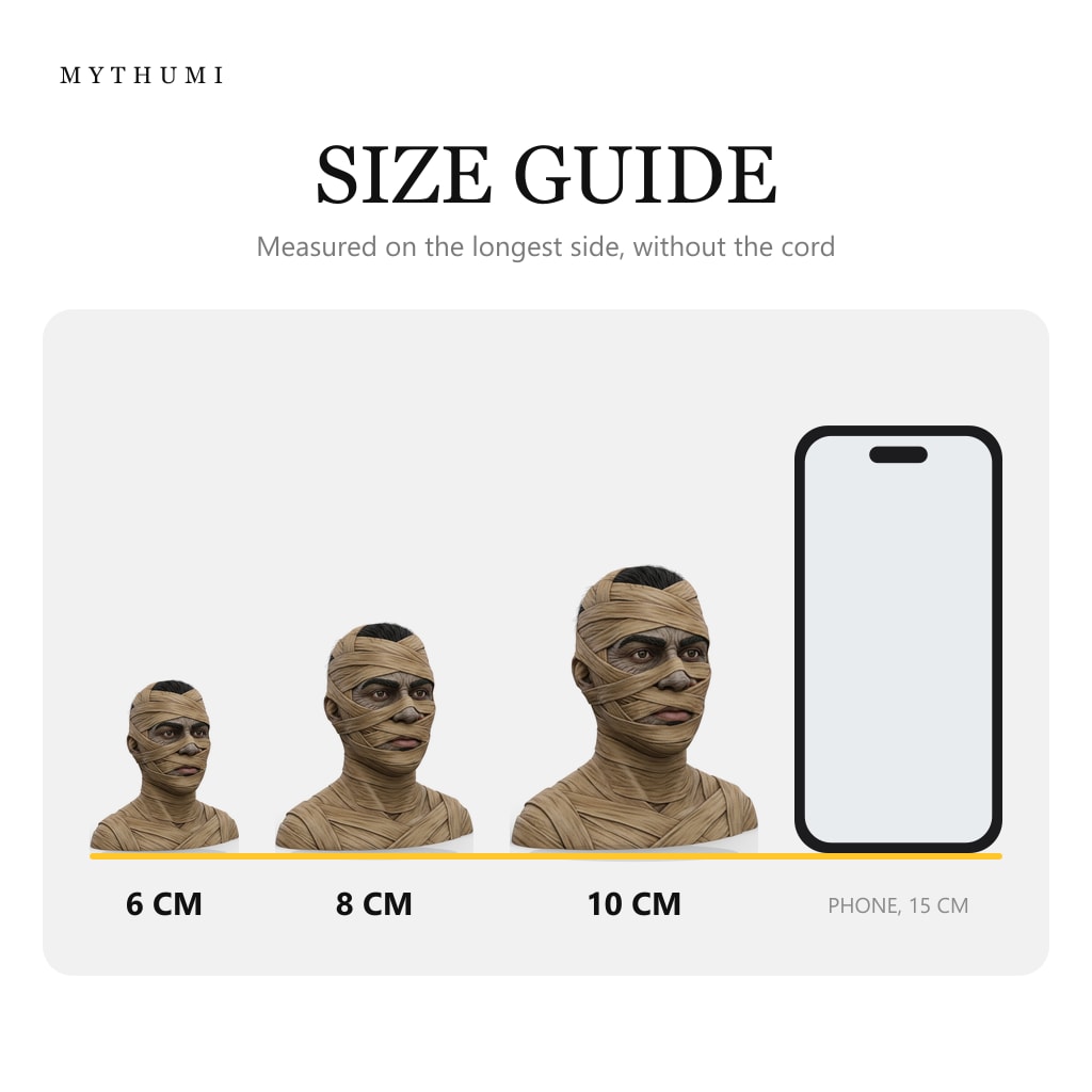 Illustration: size guide showing the mummy wrap portrait keychain at 6, 8 and 10 cm next to a phone