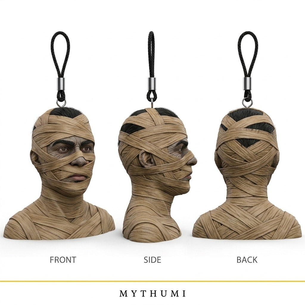 Illustration: front, side and back views of the mummy wrap portrait keychain
