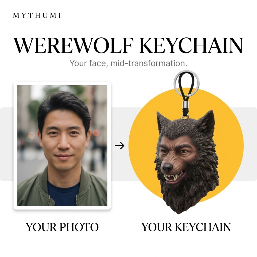 Illustration: before-and-after poster of a photo becoming a werewolf portrait keychain