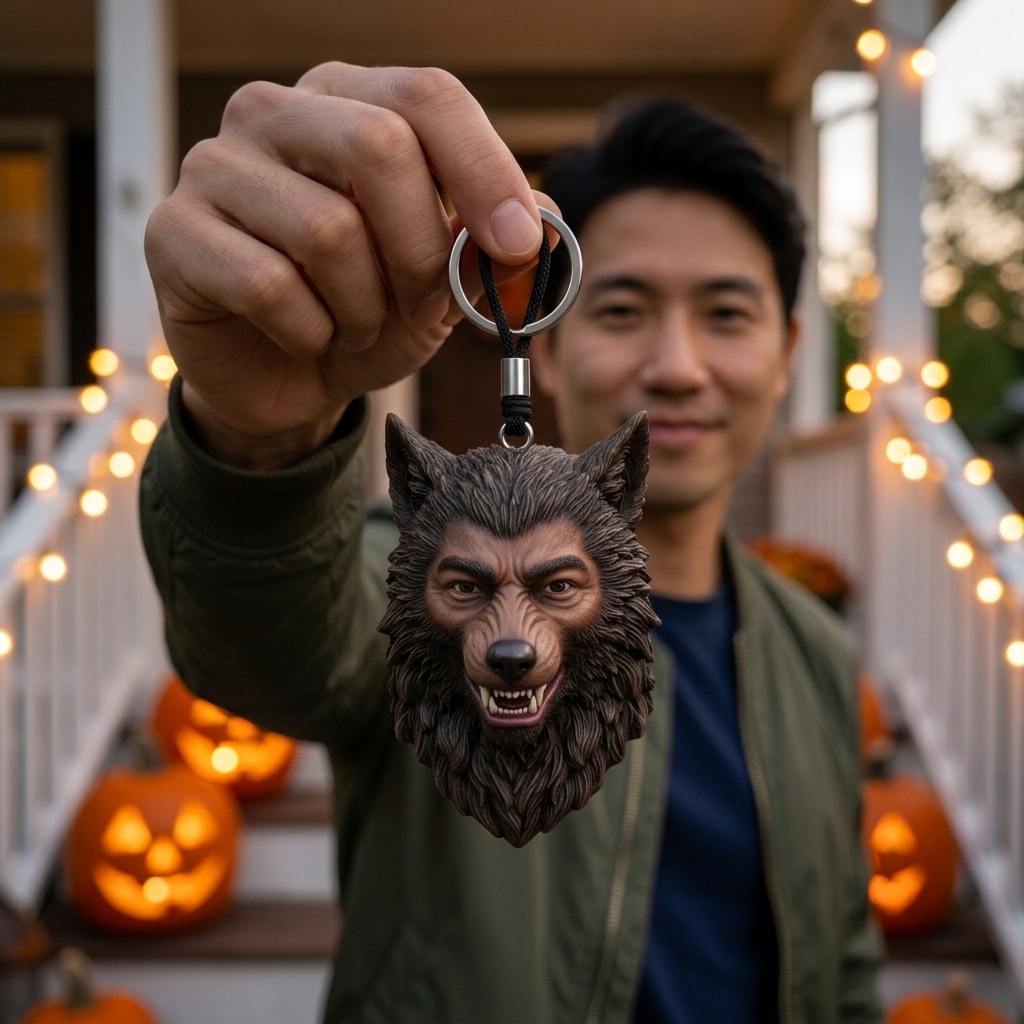 Illustration: a person holding up their werewolf portrait keychain by its cord