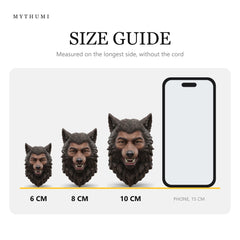 Illustration: size guide showing the werewolf portrait keychain at 6, 8 and 10 cm next to a phone