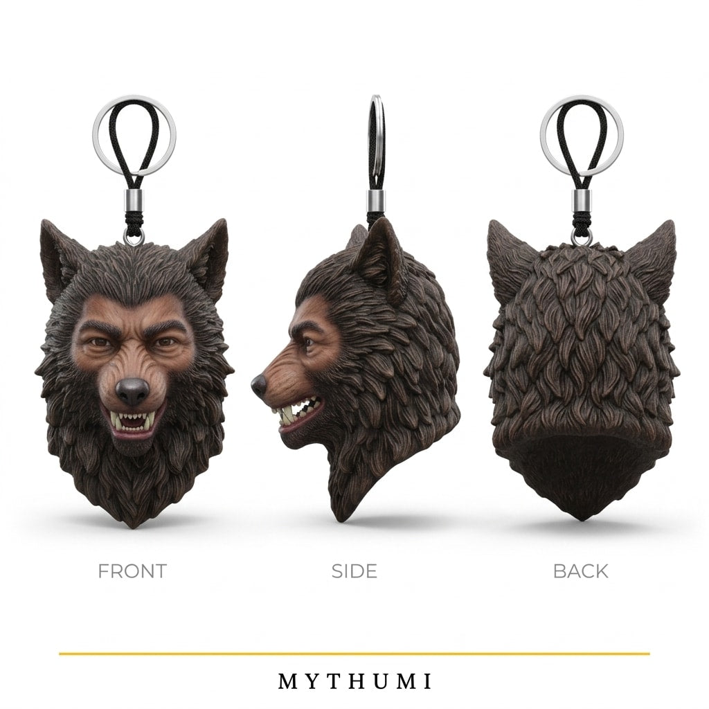 Illustration: front, side and back views of the werewolf portrait keychain