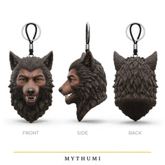 Illustration: front, side and back views of the werewolf portrait keychain