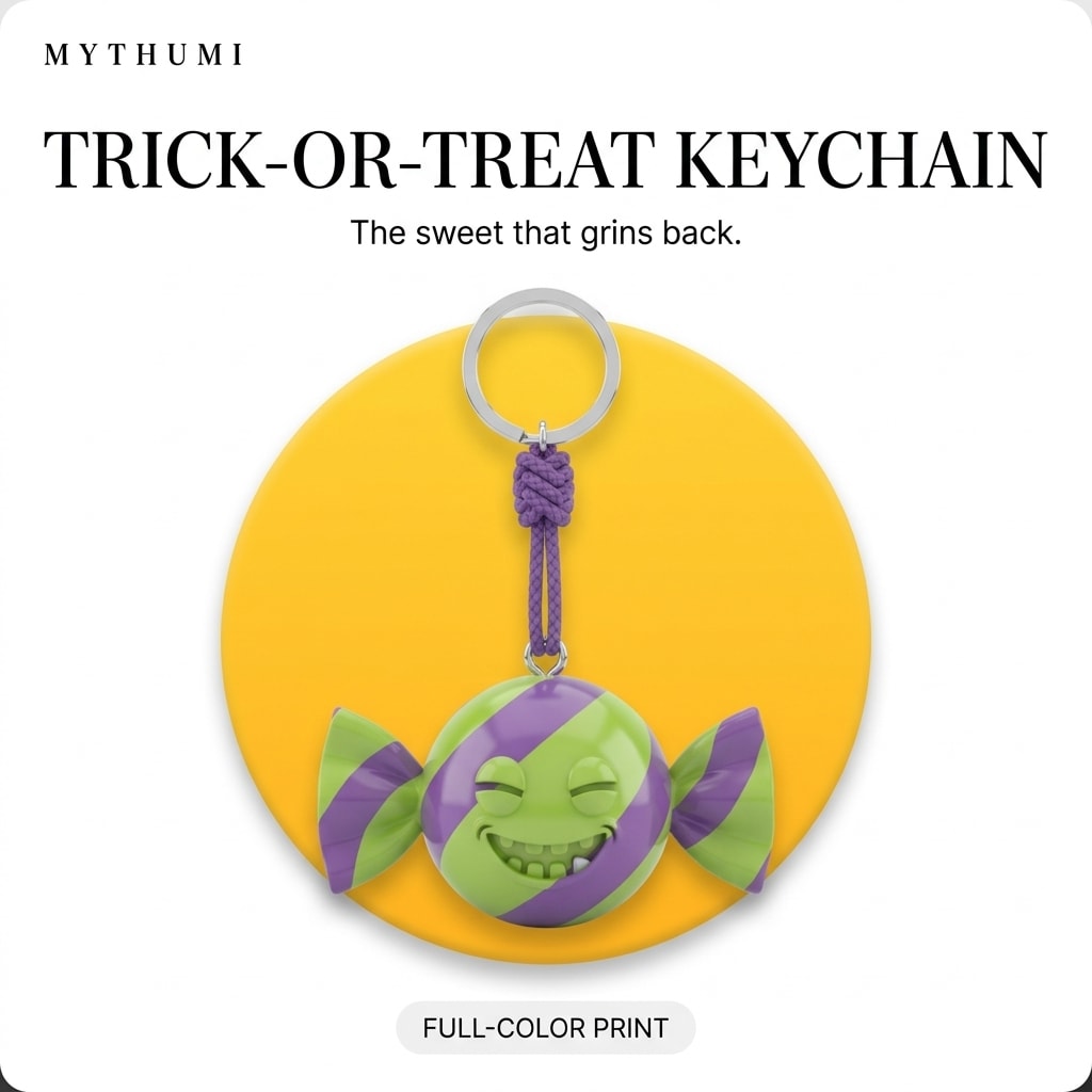 Illustration: the trick-or-treat candy keychain hanging from its cord in front of a yellow circle