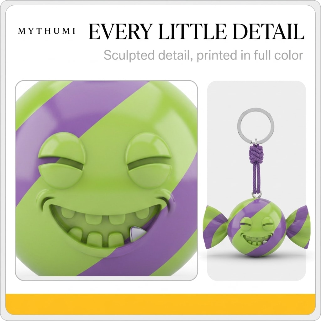 Illustration: close-up of the trick-or-treat candy keychain showing its sculpted detail
