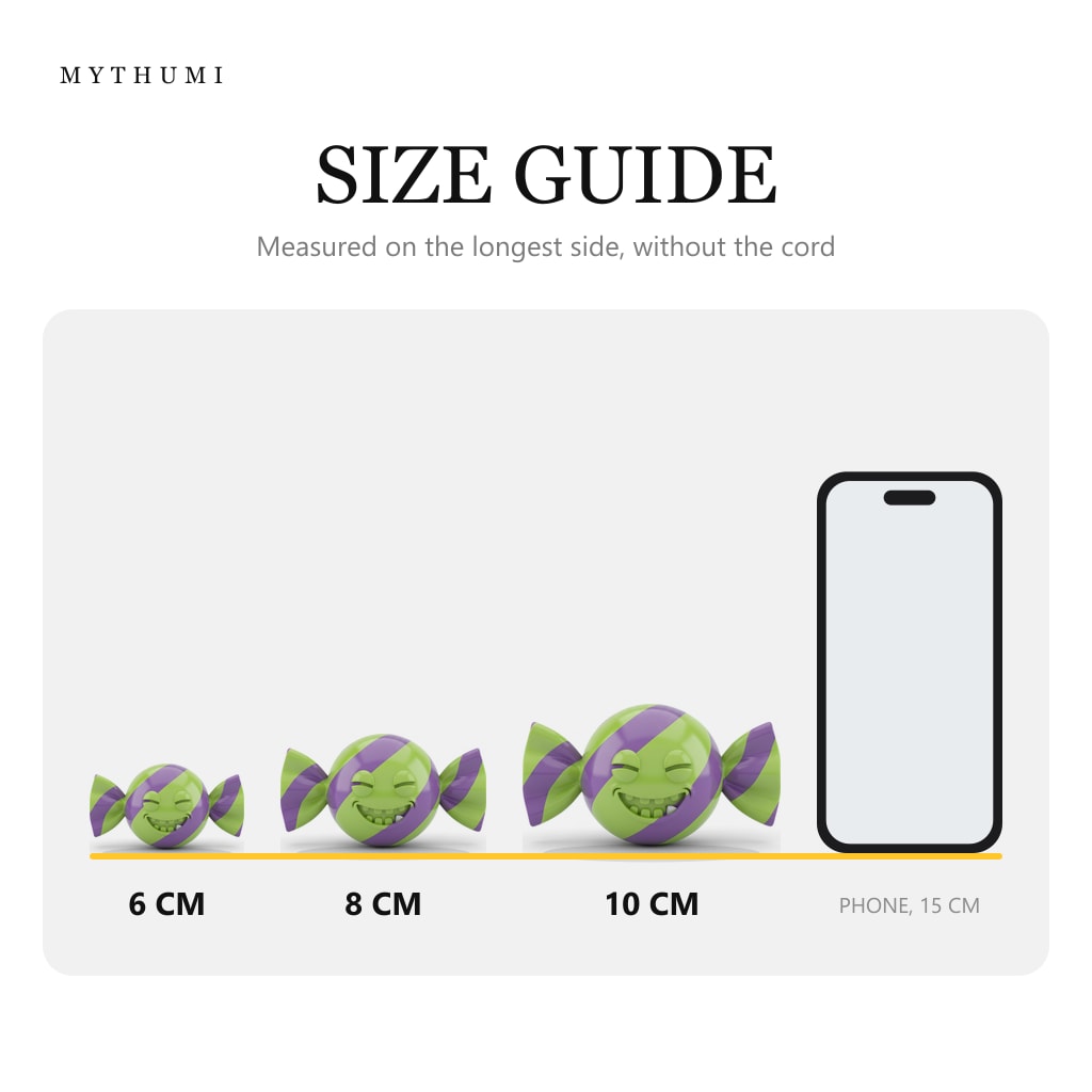 Illustration: size guide showing the trick-or-treat candy keychain at 6, 8 and 10 cm next to a phone