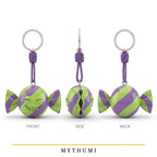 Illustration: front, side and back views of the trick-or-treat candy keychain