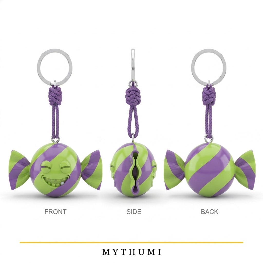 Illustration: front, side and back views of the trick-or-treat candy keychain