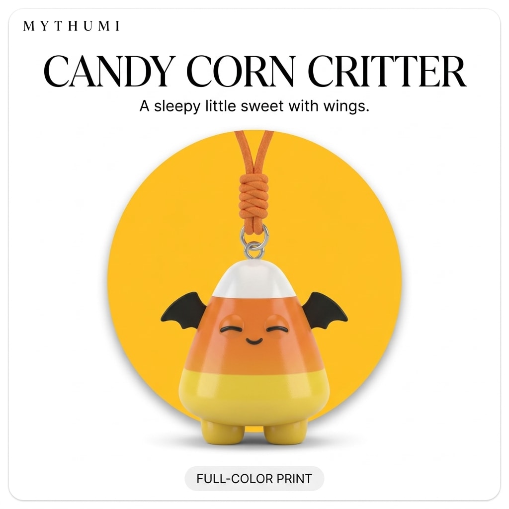Illustration: the candy corn critter keychain hanging from its cord in front of a yellow circle