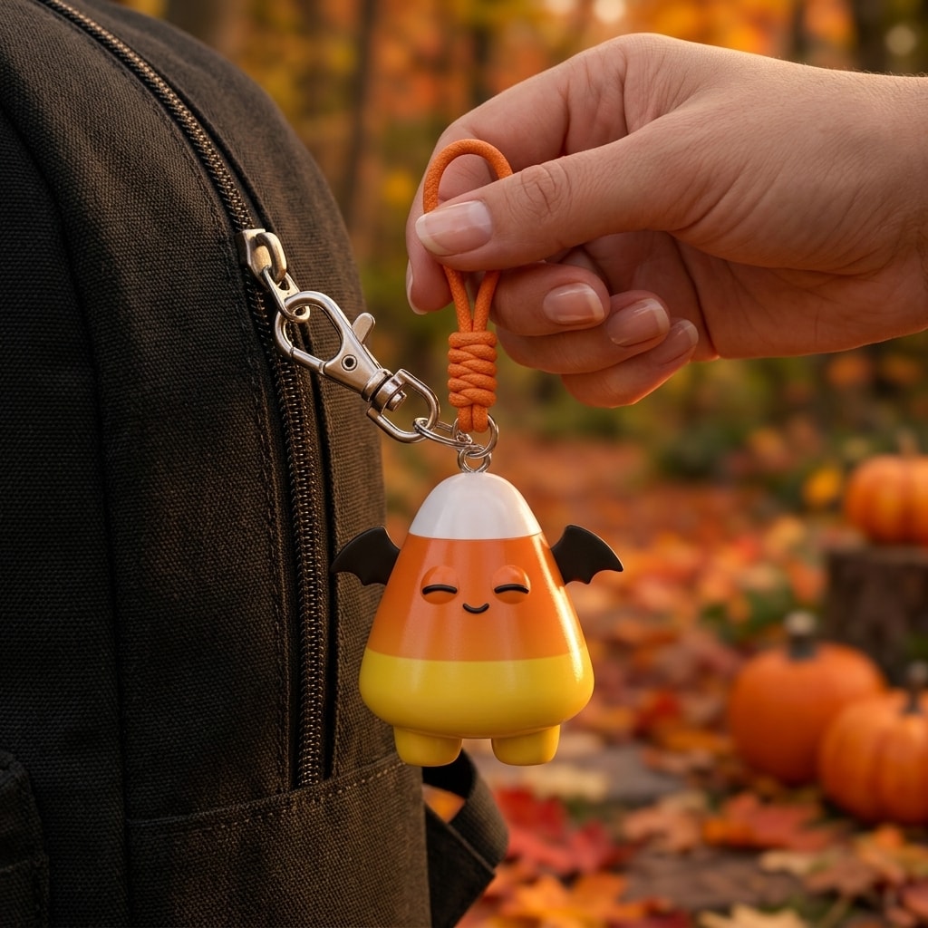 Illustration: a hand holding the candy corn critter keychain clipped to a backpack zipper