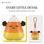 Illustration: close-up of the candy corn critter keychain showing its sculpted detail