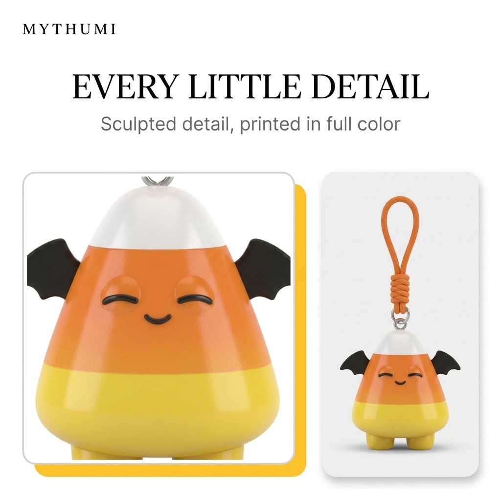 Illustration: close-up of the candy corn critter keychain showing its sculpted detail