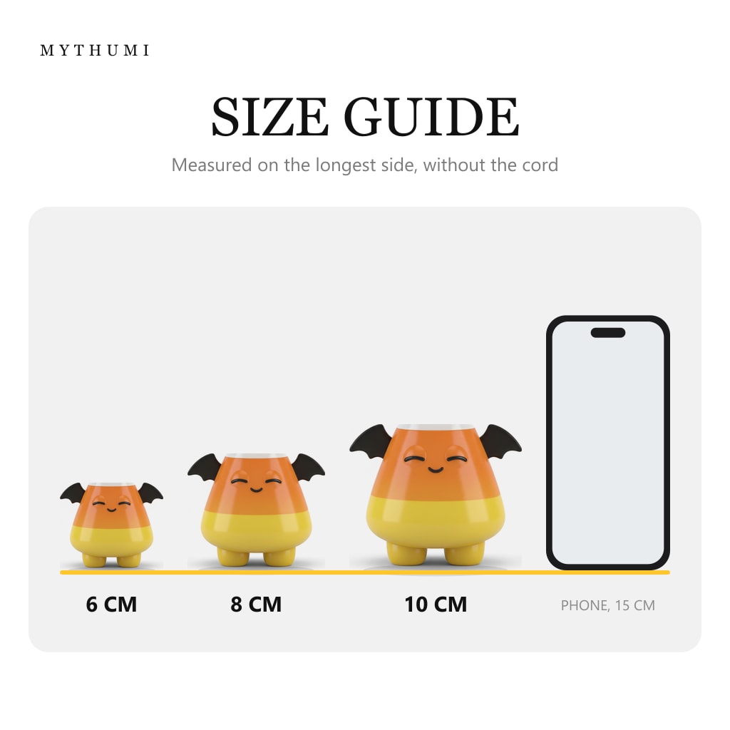 Illustration: size guide showing the candy corn critter keychain at 6, 8 and 10 cm next to a phone