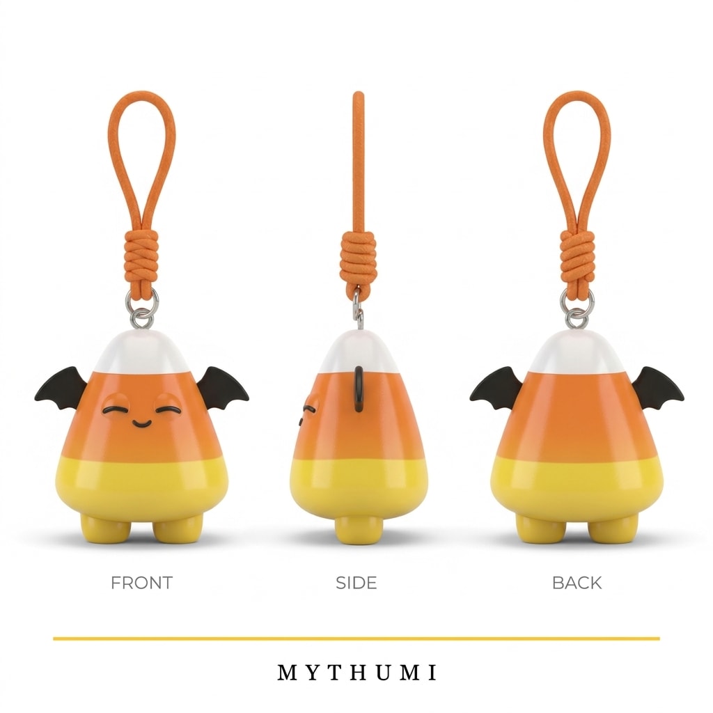 Illustration: front, side and back views of the candy corn critter keychain