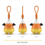 Illustration: front, side and back views of the candy corn critter keychain