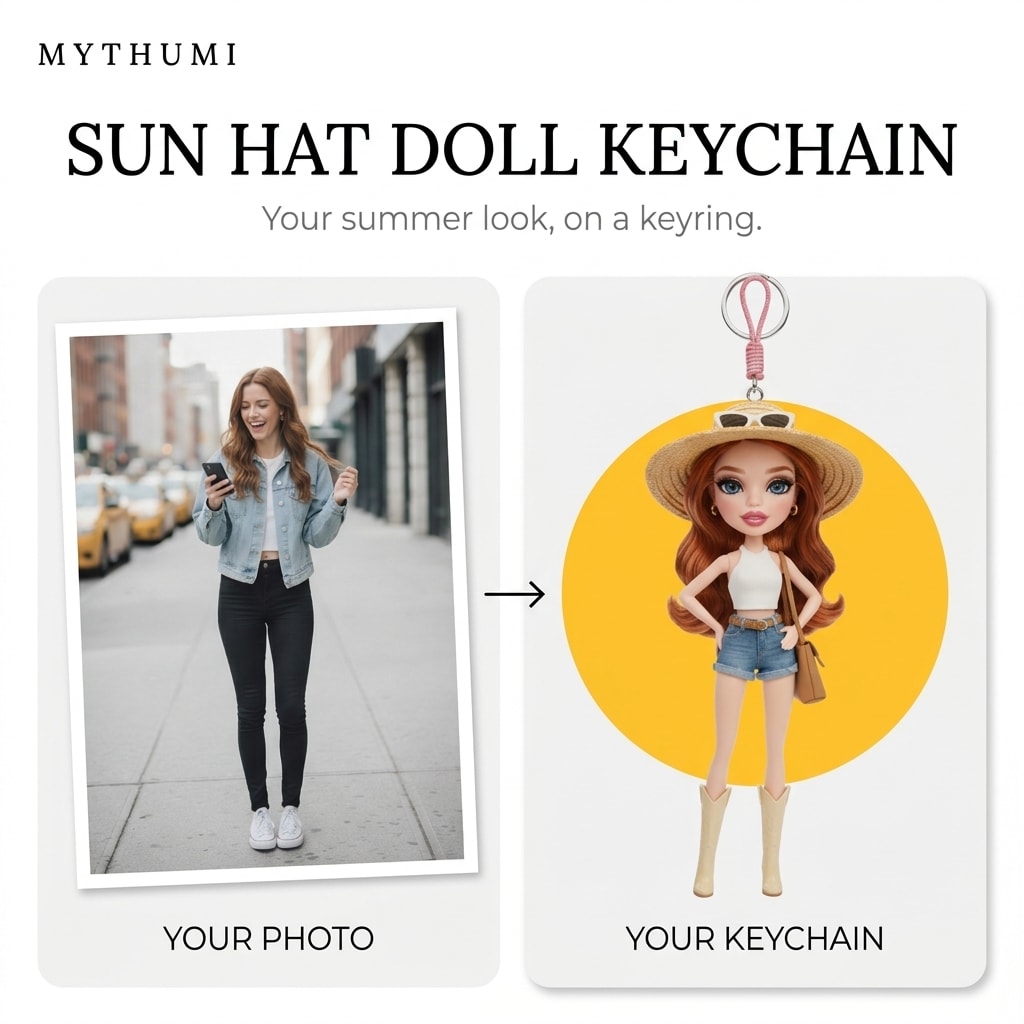 Illustration: before-and-after poster of a photo becoming a sun hat fashion doll keychain