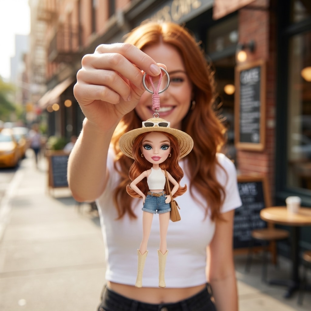 Illustration: a person holding up their sun hat fashion doll keychain by its cord